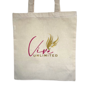 Vive Unlimited logo on a natural canvas tote bag.